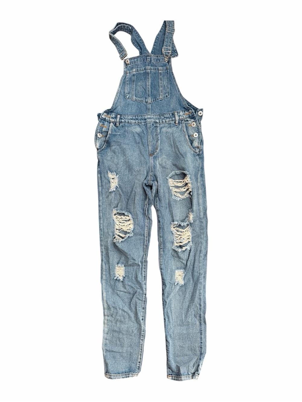 Honey Punch Light Blue Distressed Denim Overalls